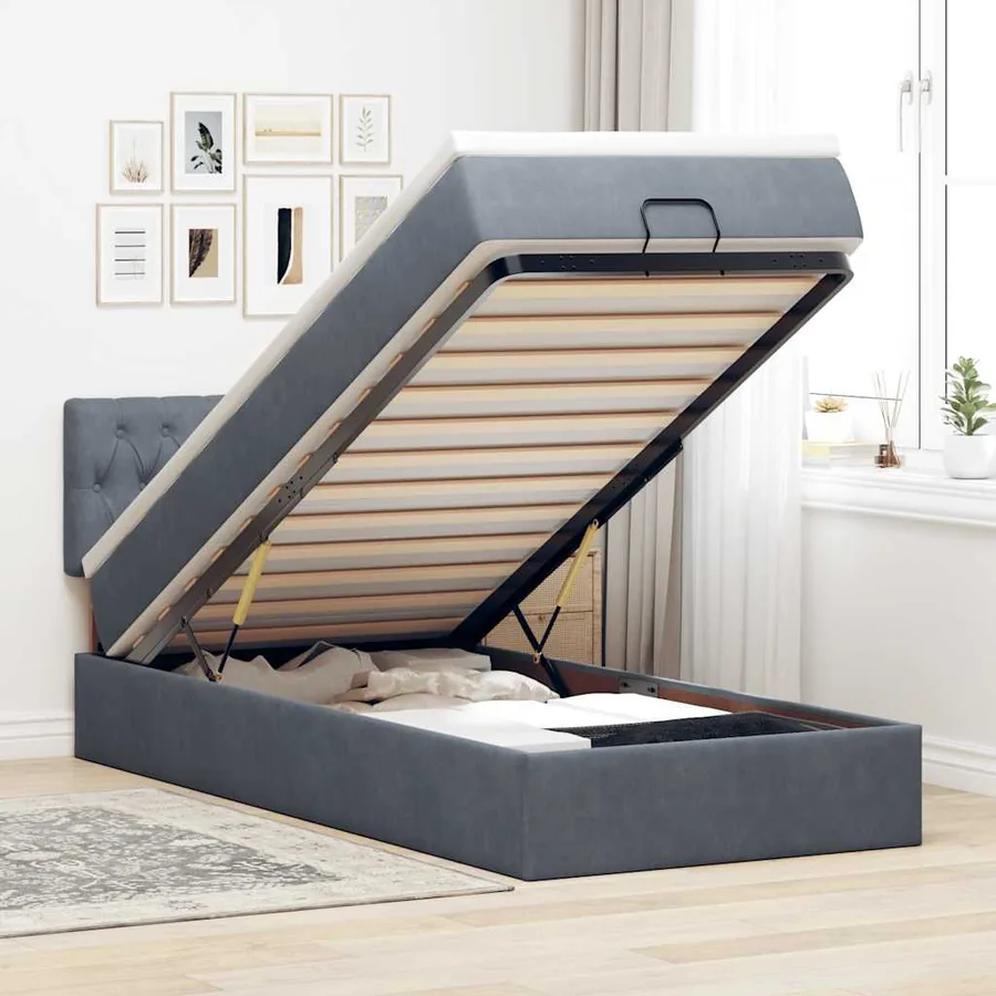 Cadre de lit ottoman et matelas gris foncé 90x200 cm velours