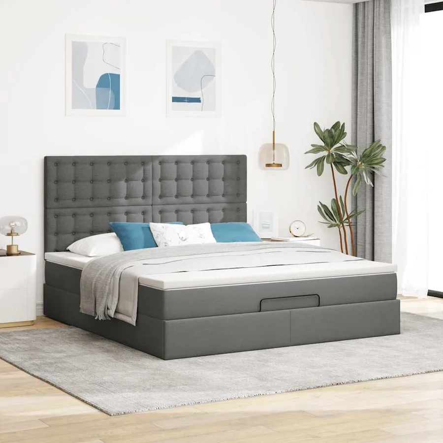 Cadre de lit ottoman avec matelas gris foncé 160x200cm tissu - 3