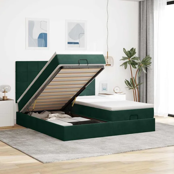 Cadre de lit ottoman avec matelas vert foncé 180x200cm velours