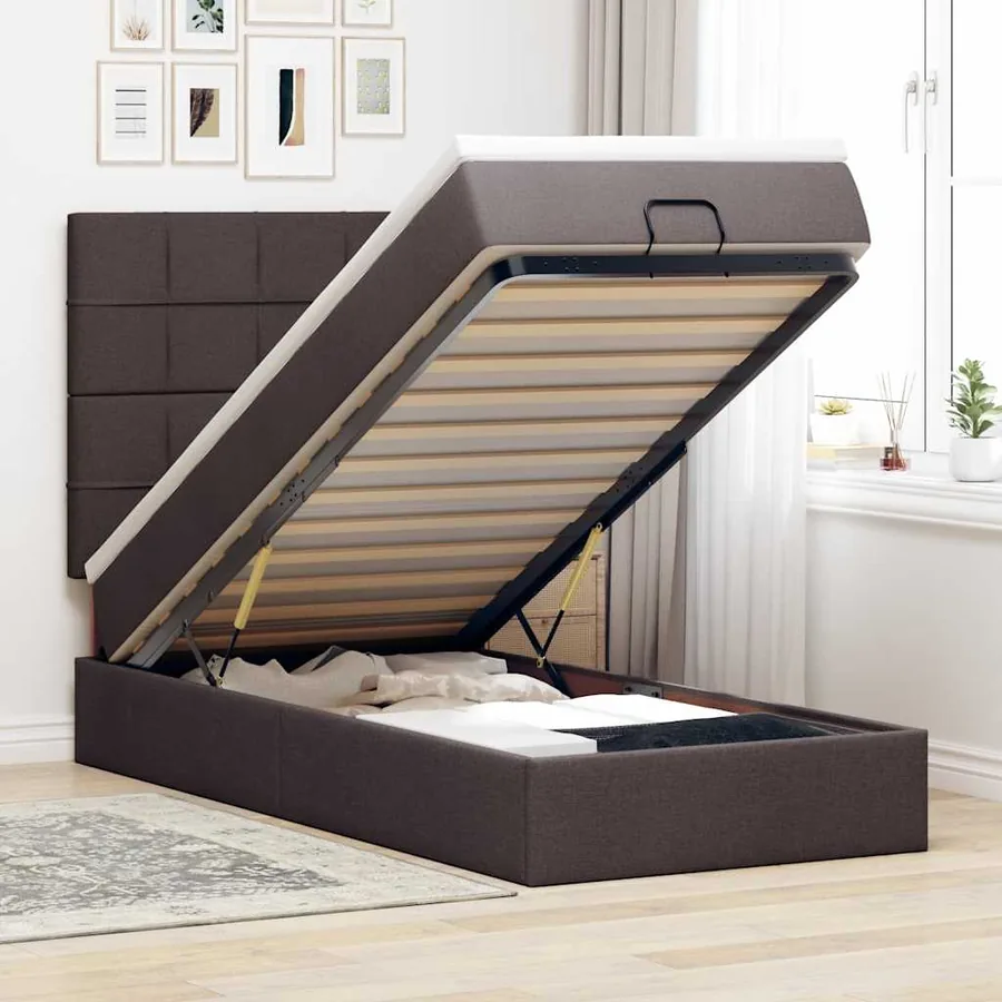 Lit ottoman avec matelas marron foncé 100x200 cm tissu