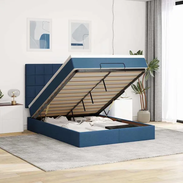 Cadre de lit ottoman avec matelas bleu 140x190 cm tissu