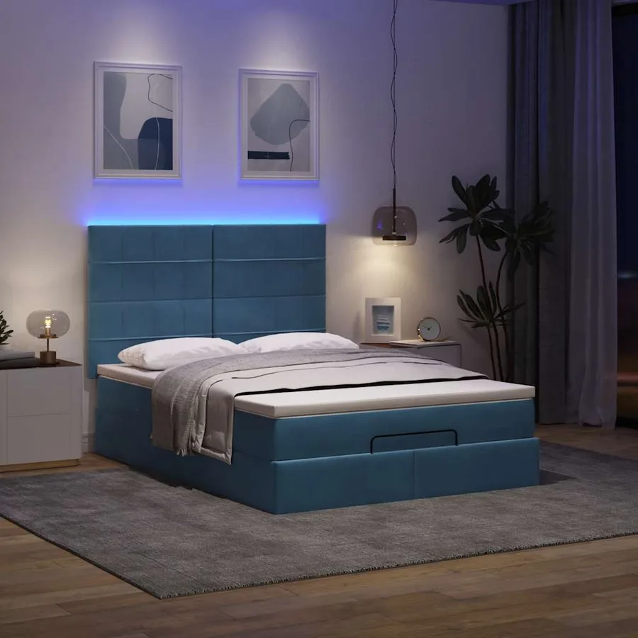 Cadre de lit ottoman avec matelas bleu 140x190 cm tissu - 3