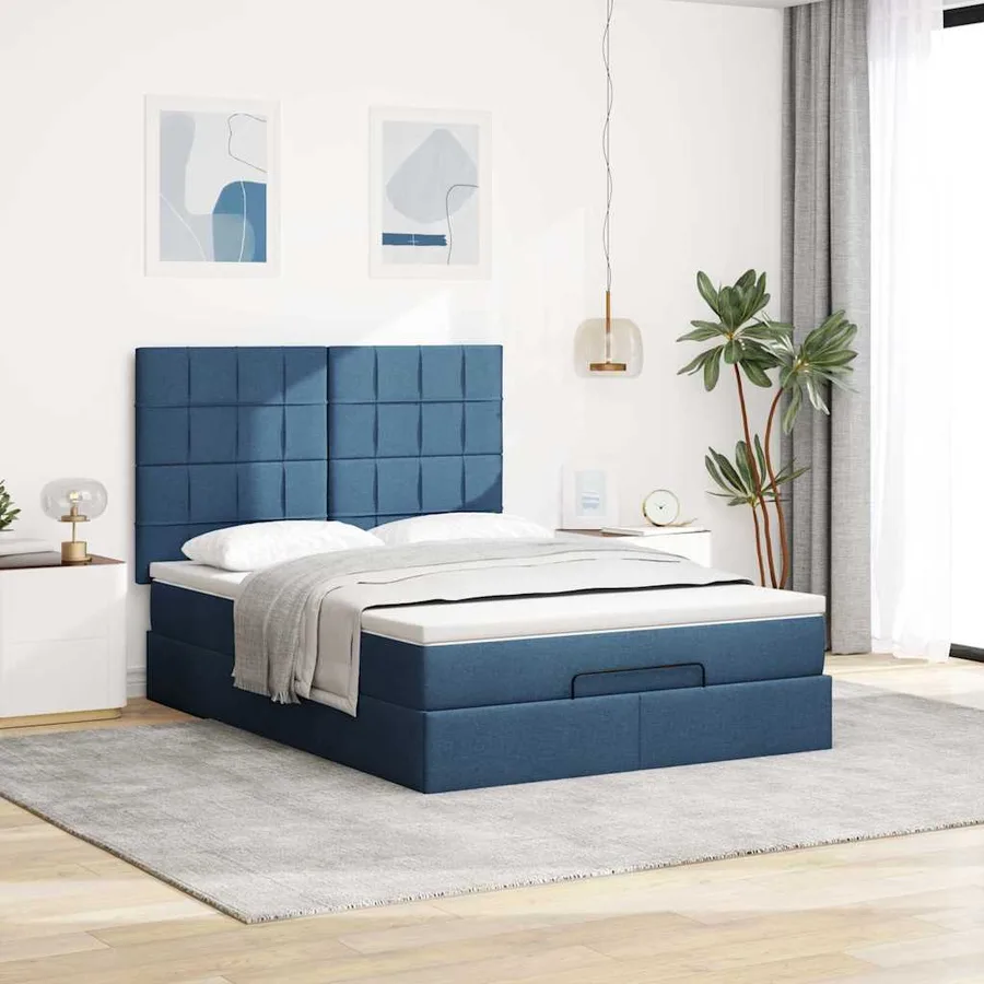 Cadre de lit ottoman avec matelas bleu 140x190 cm tissu - 4