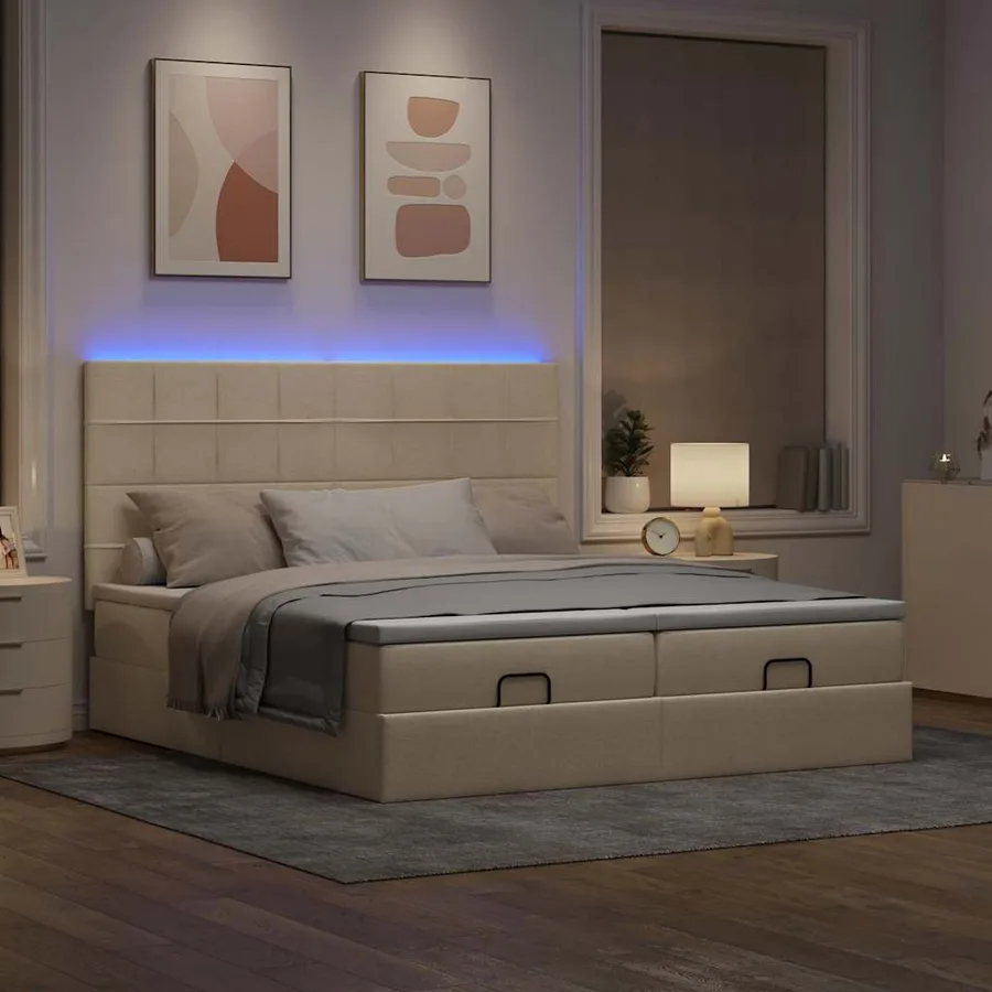 Cadre de lit ottoman avec matelas crème 200x200cm tissu - 3