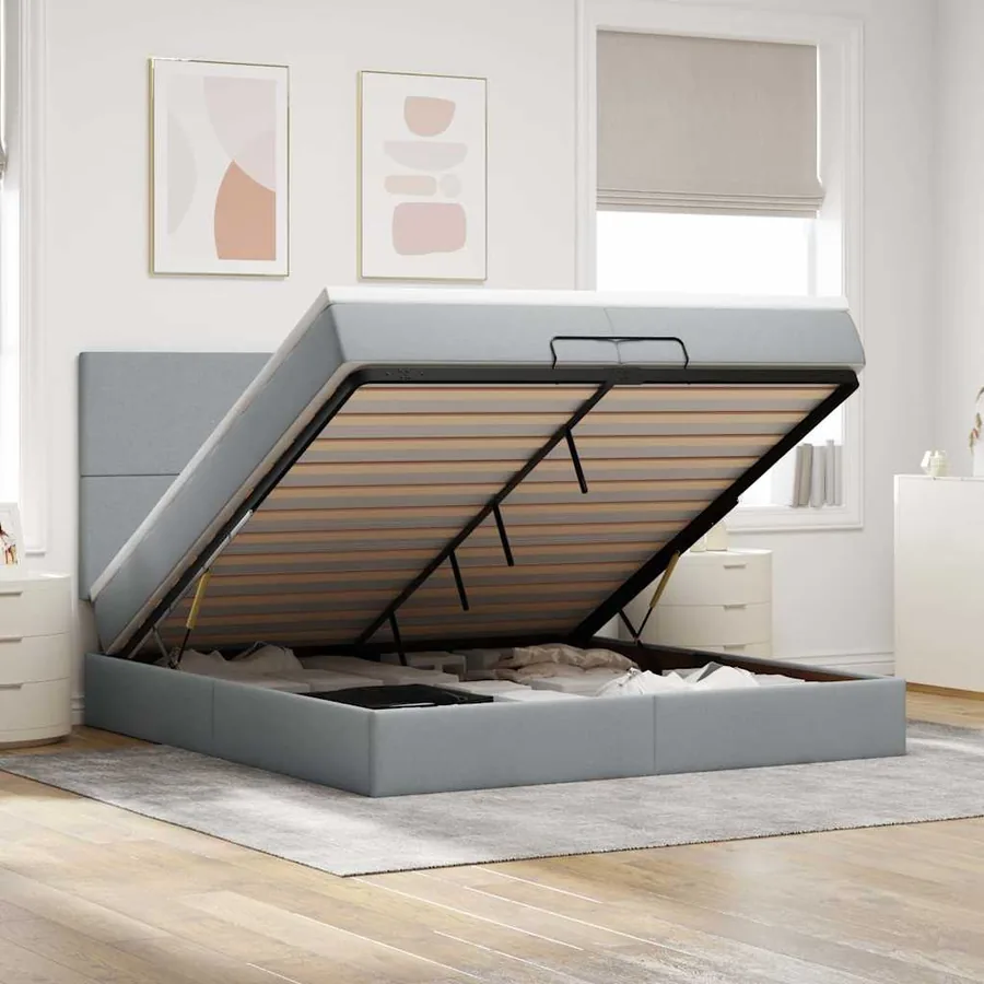 Cadre de lit ottoman et matelas gris clair 200x200cm tissu