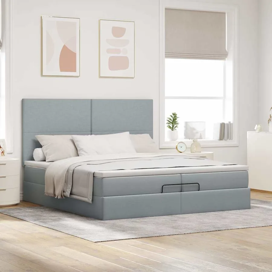 Cadre de lit ottoman et matelas gris clair 200x200cm tissu - 3