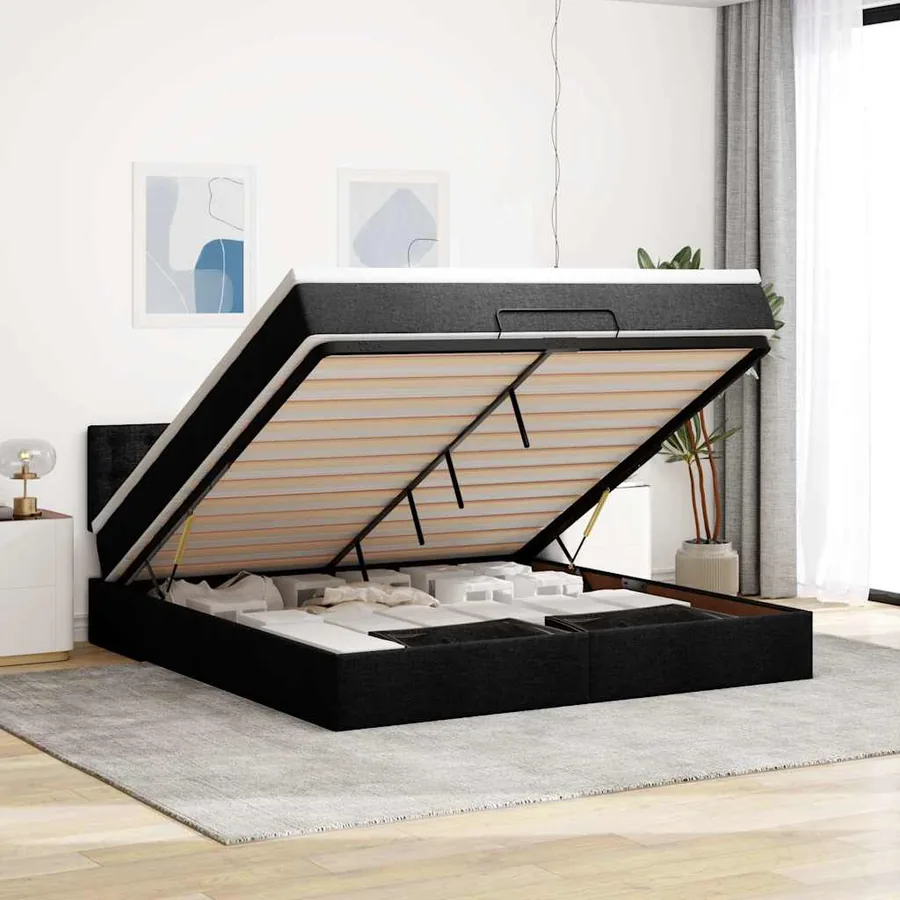 Lit ottoman avec matelas et LED Noir 180x200cm tissu