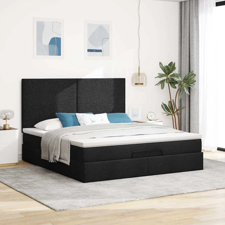Cadre de lit ottoman avec matelas noir 180x200 cm tissu - 4