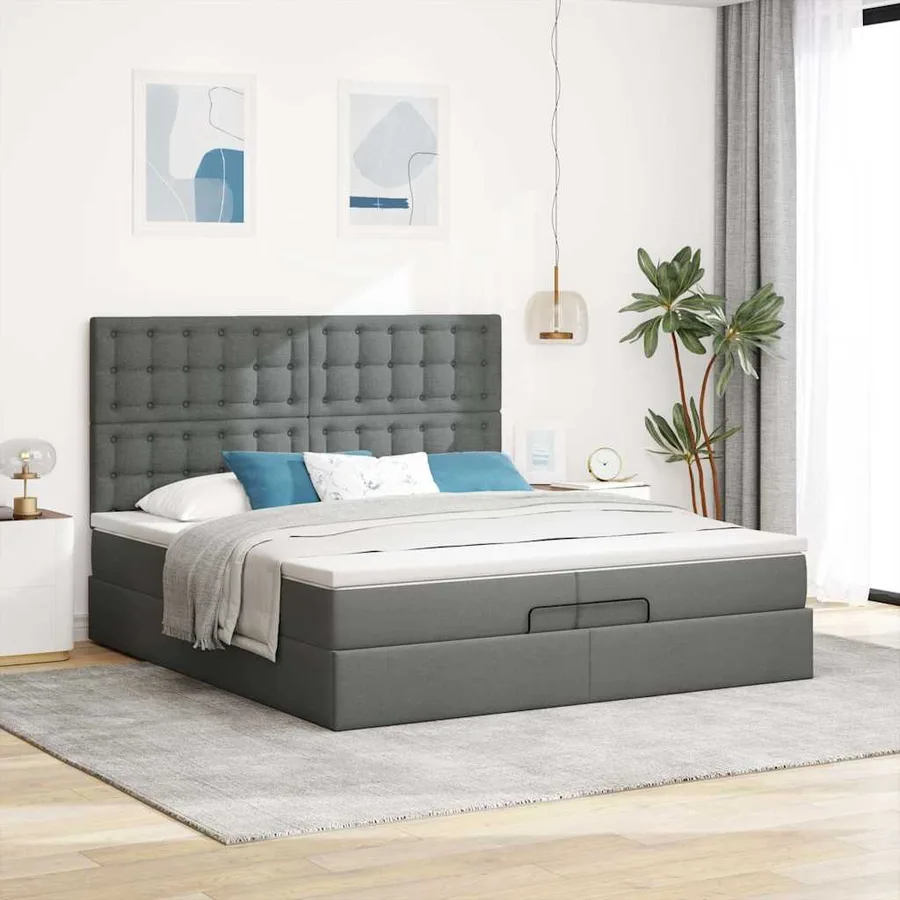 Cadre de lit ottoman avec matelas gris foncé 200x200cm tissu - 3