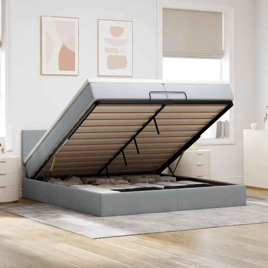 Cadre de lit ottoman avec matelas gris clair 200x200 cm tissu