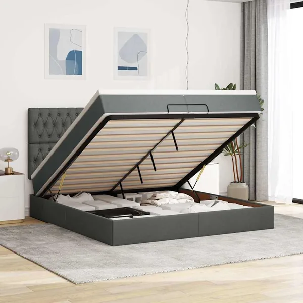 Cadre de lit ottoman avec matelas gris foncé 200x200cm tissu