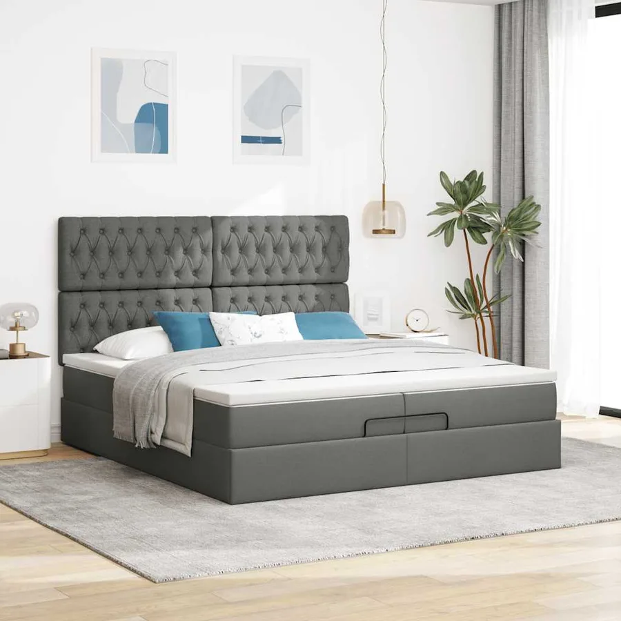 Cadre de lit ottoman avec matelas gris foncé 200x200cm tissu - 3