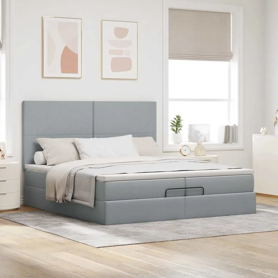 Cadre de lit ottoman et matelas gris clair 200x200cm tissu - 4