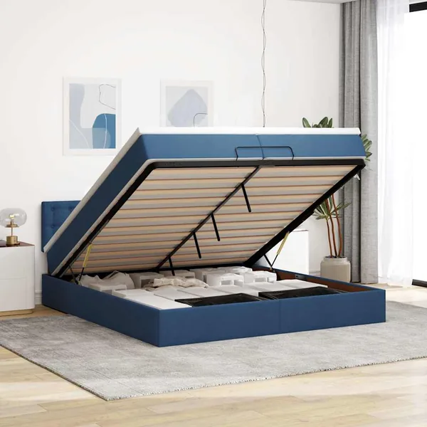 Cadre de lit ottoman avec matelas bleu 200x200 cm tissu