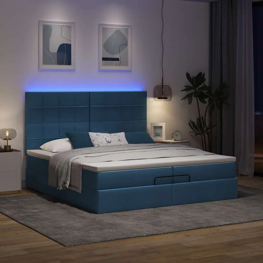 Cadre de lit ottoman avec matelas bleu 200x200cm tissu - 3