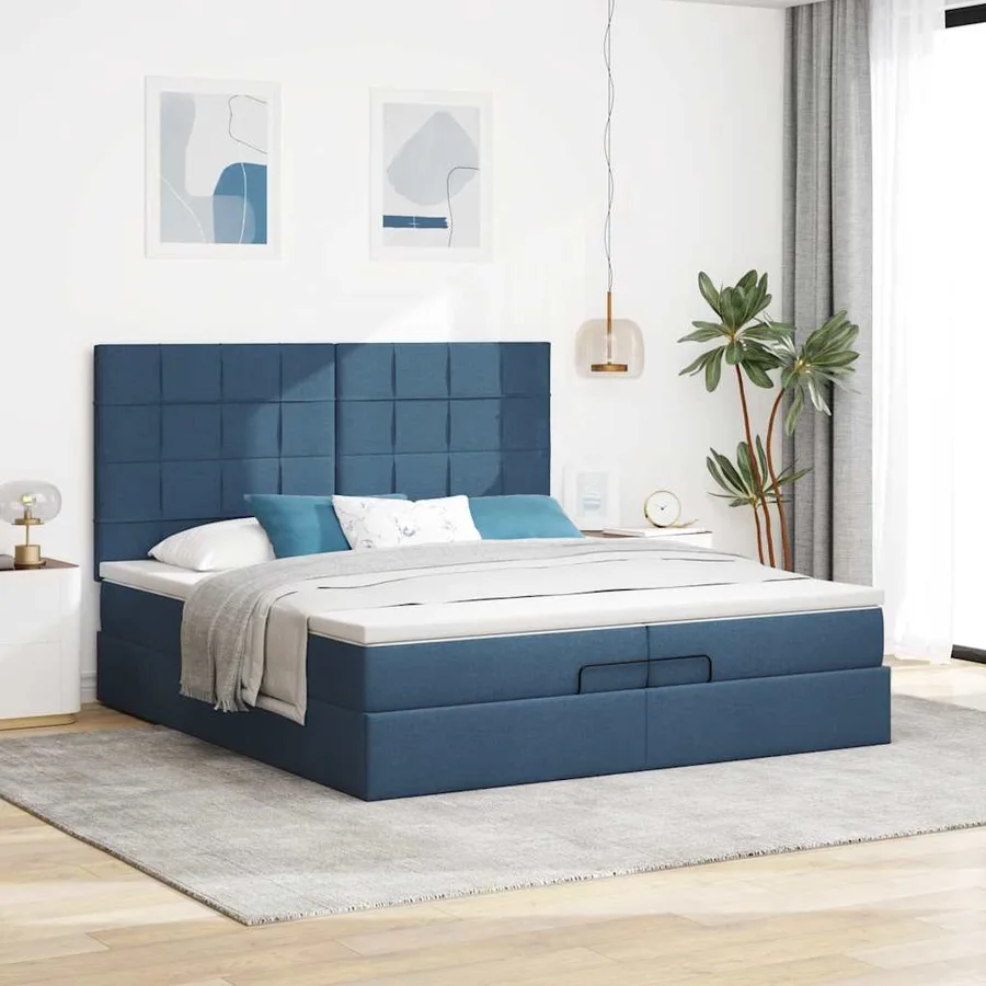 Cadre de lit ottoman avec matelas bleu 200x200cm tissu - 4