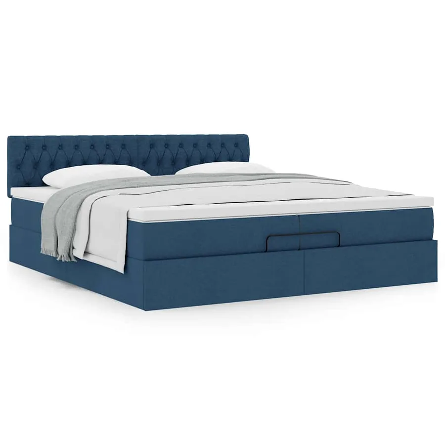 Cadre de lit ottoman avec matelas bleu 200x200 cm tissu - 4