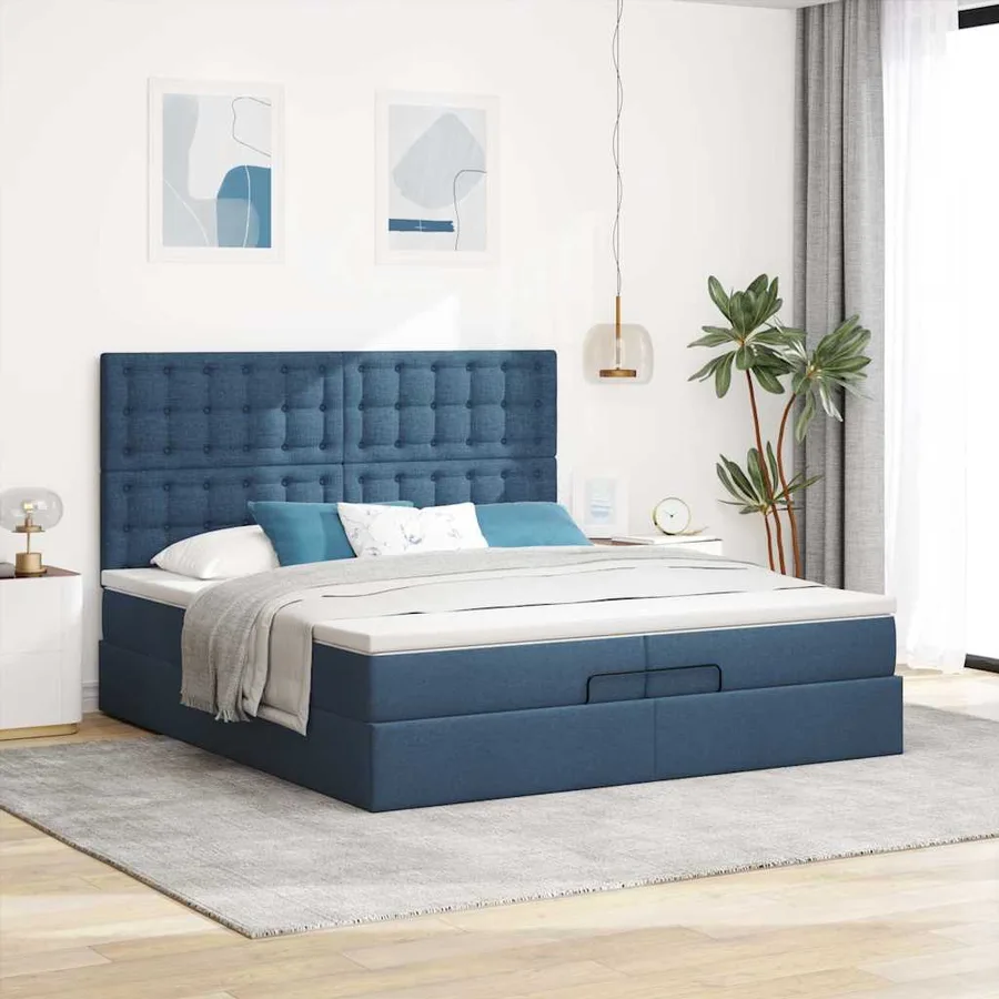 Cadre de lit ottoman avec matelas bleu 200x200cm tissu - 3