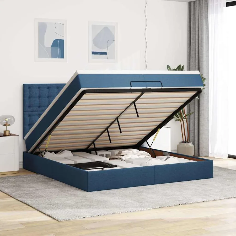Cadre de lit ottoman avec matelas bleu 200x200cm tissu
