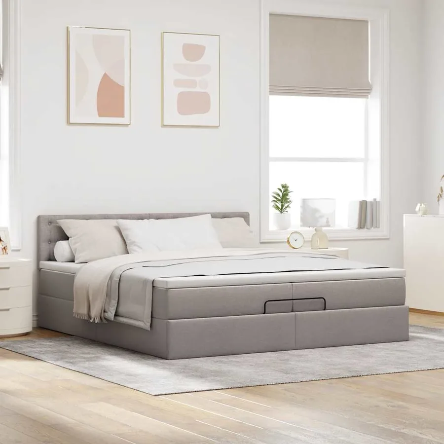 Cadre de lit ottoman avec matelas taupe 200x200 cm tissu - 3