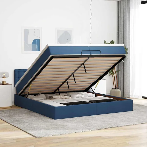 Cadre de lit ottoman avec matelas bleu 200x200cm tissu