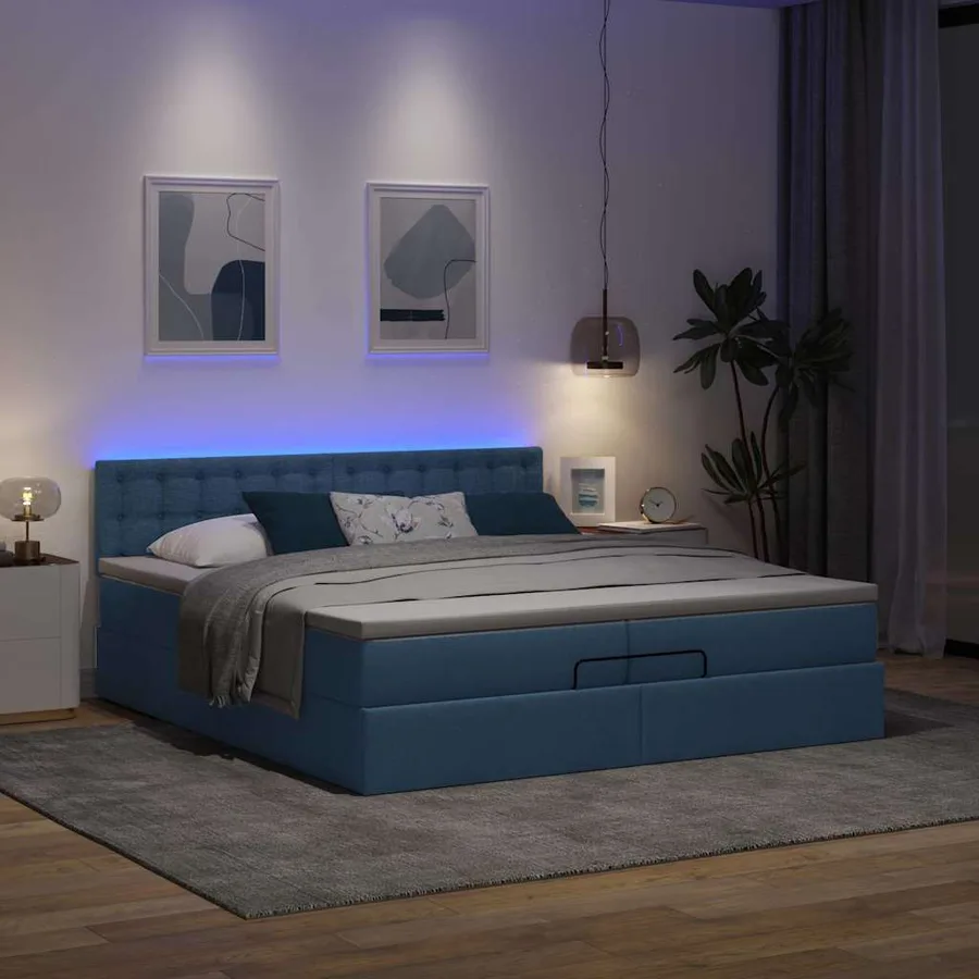Cadre de lit ottoman avec matelas bleu 200x200cm tissu - 3