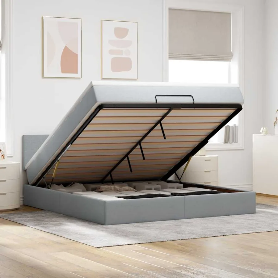 Lit ottoman avec matelas et LED Gris clair 180x200 cm tissu