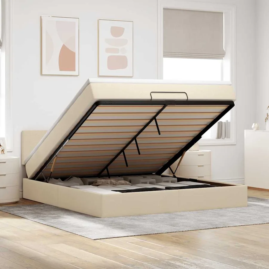 Lit ottoman avec matelas et LED crème 180x200cm tissu