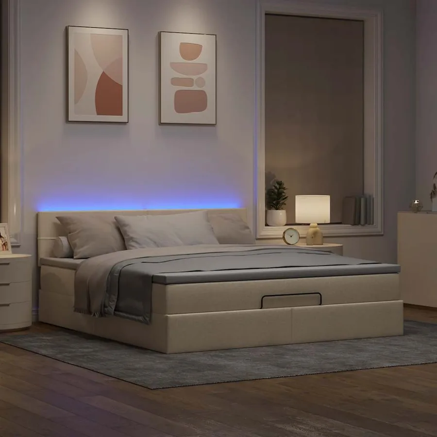 Lit ottoman avec matelas et LED crème 180x200cm tissu - 3
