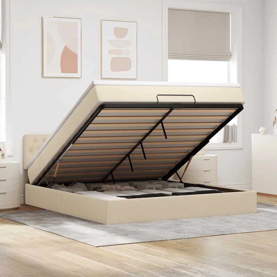 Cadre de lit ottoman avec matelas crème 180x200 cm tissu