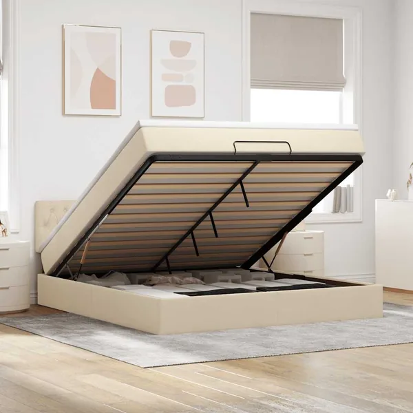 Cadre de lit ottoman avec matelas crème 180x200 cm tissu