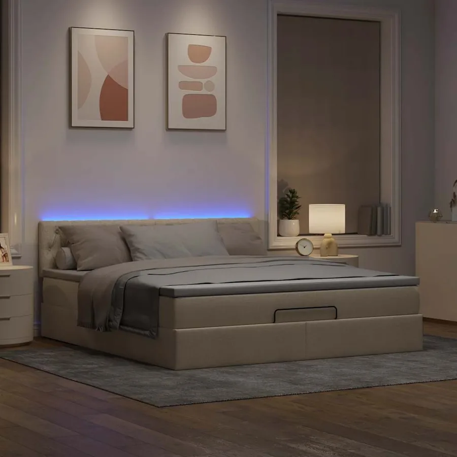 Lit ottoman avec matelas et LED crème 180x200cm tissu - 3