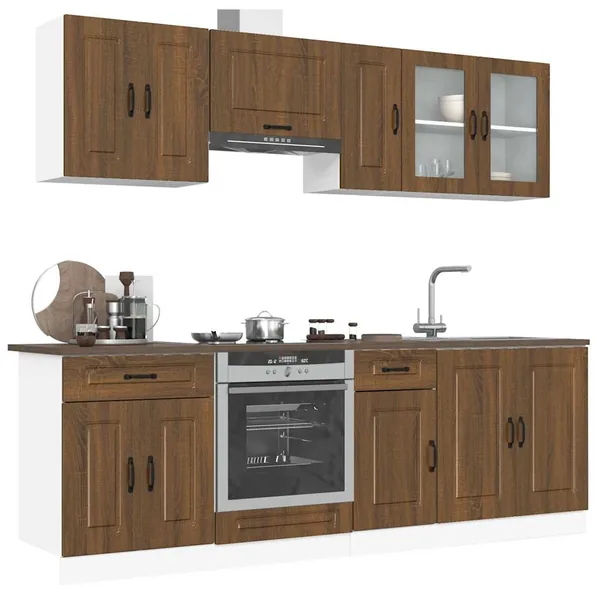 Ensemble de 8 meubles de cuisine en bois d'ingénierie "Kalmar" en chêne brun