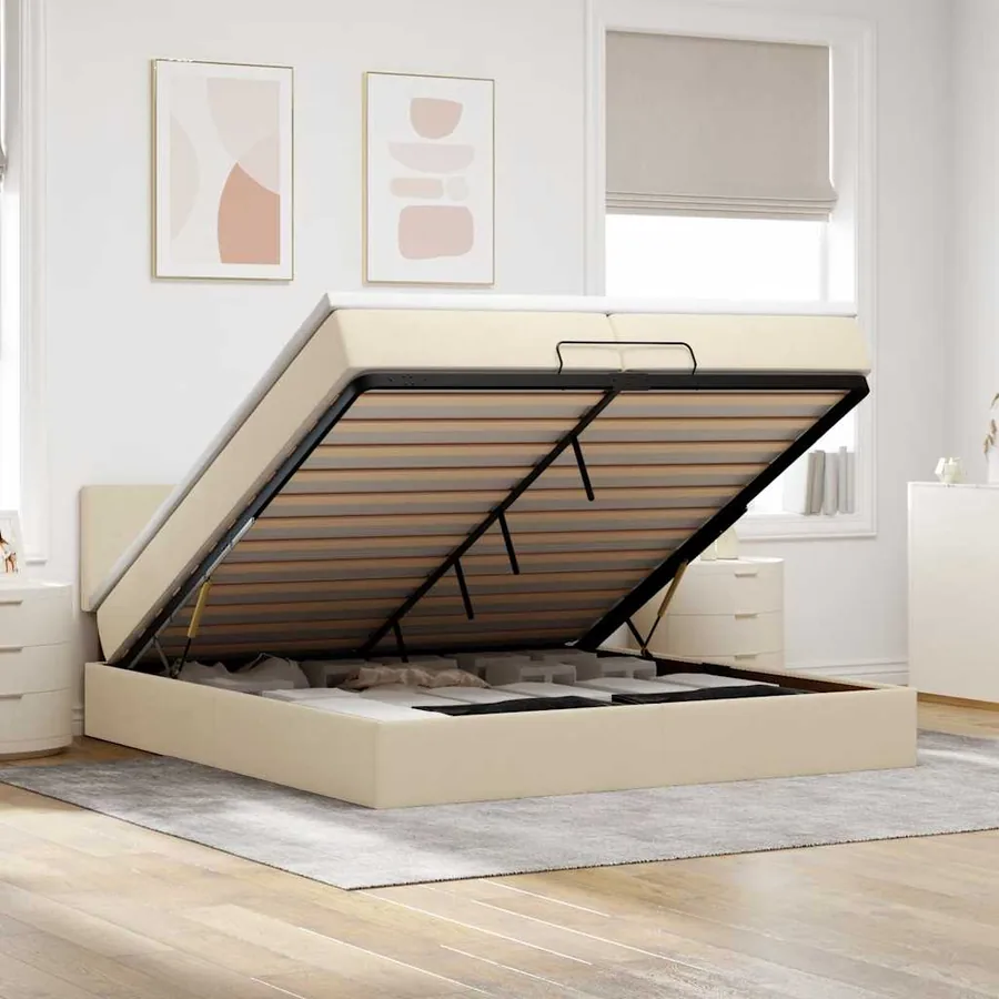 Cadre de lit ottoman avec matelas crème 200x200cm tissu