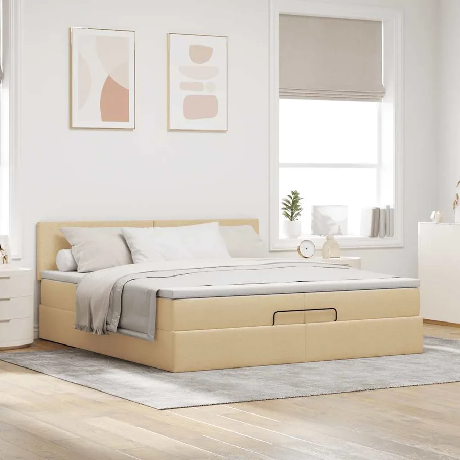 Cadre de lit ottoman avec matelas crème 200x200cm tissu - 4