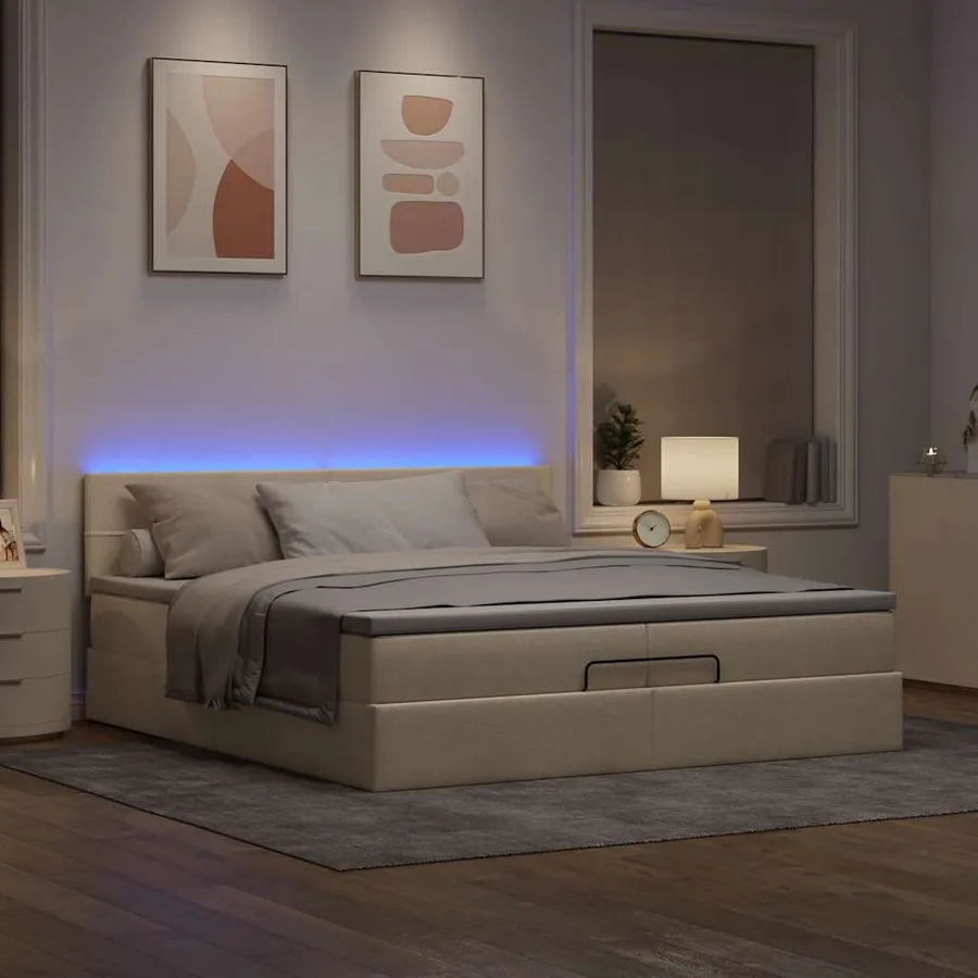 Cadre de lit ottoman avec matelas crème 200x200cm tissu - 3