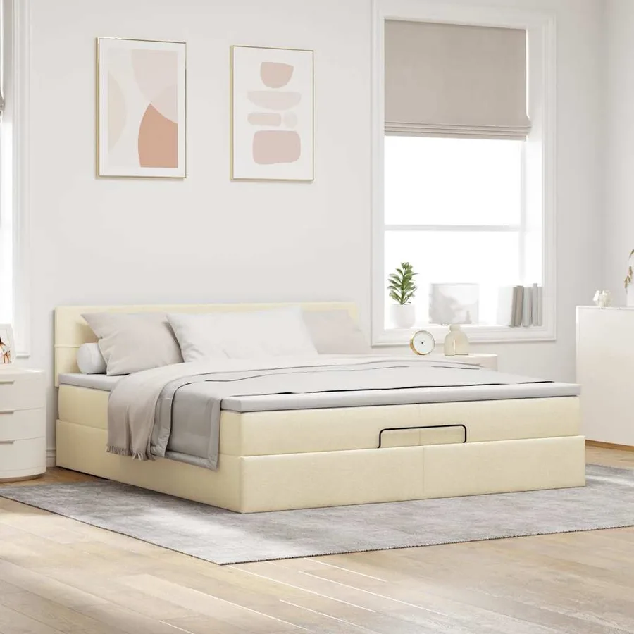 Cadre de lit ottoman avec matelas crème 200x200cm tissu - 4