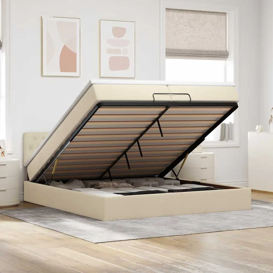 Cadre de lit ottoman avec matelas crème 200x200cm tissu