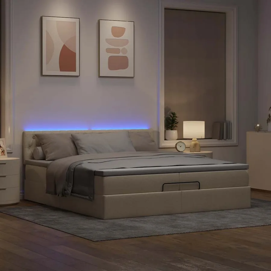 Cadre de lit ottoman avec matelas crème 200x200cm tissu - 3