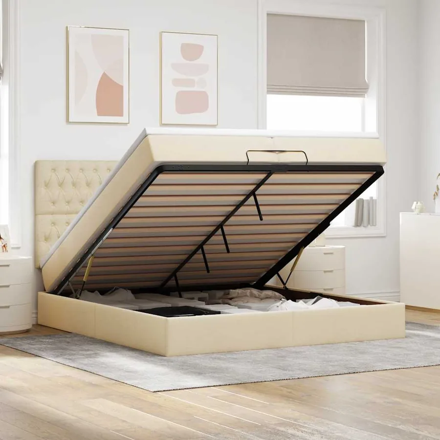 Cadre de lit ottoman avec matelas crème 200x200cm tissu
