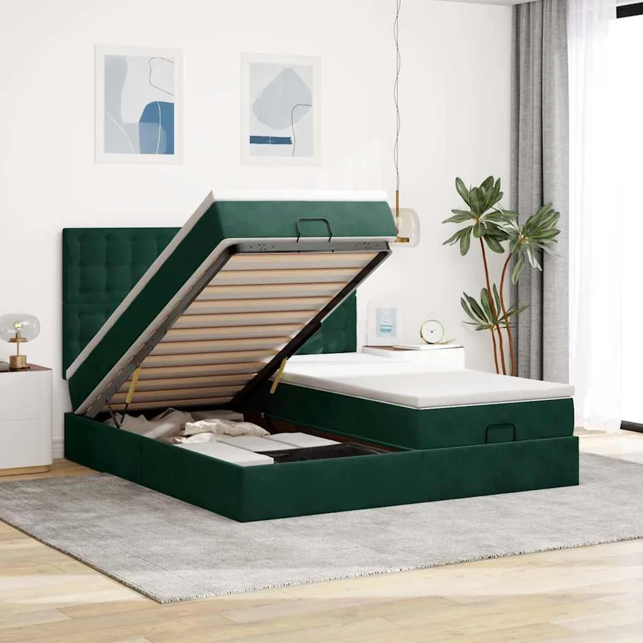 Cadre de lit ottoman avec matelas vert foncé 180x200cm velours
