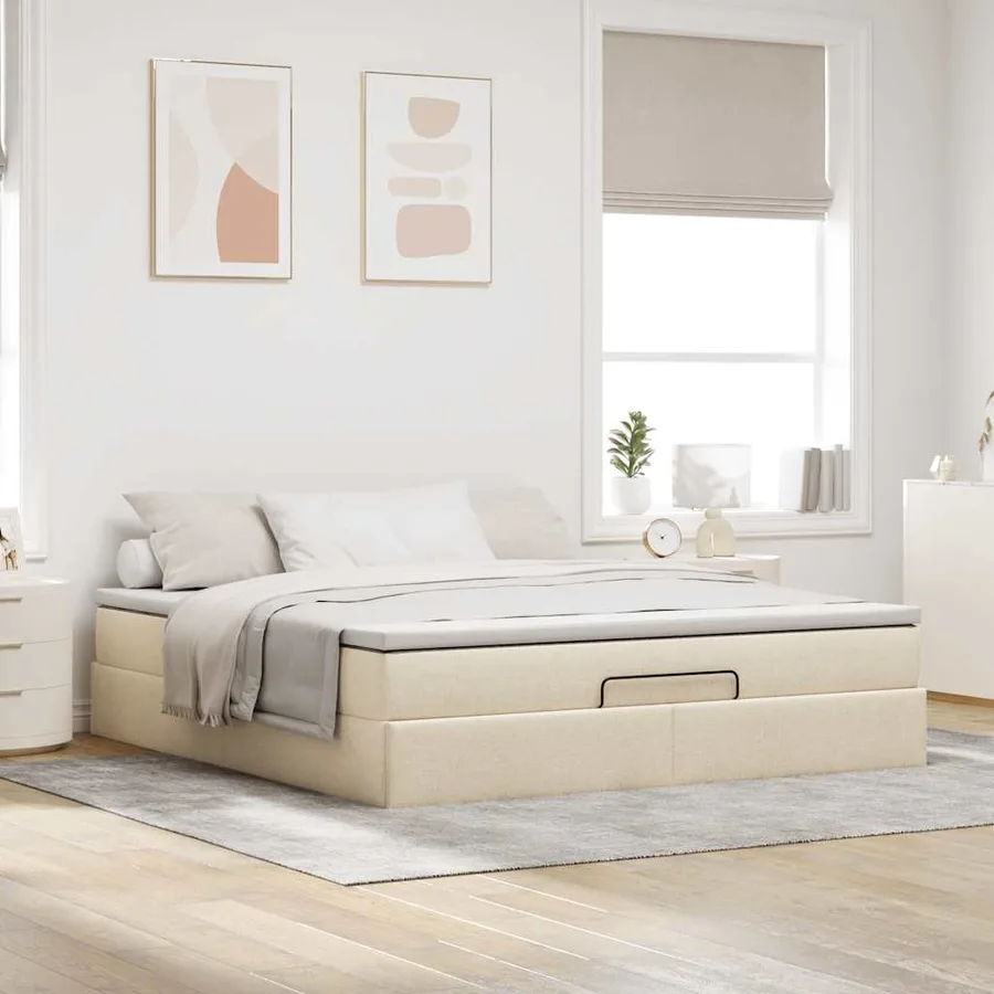Cadre de lit ottoman avec matelas crème 160x200 cm tissu - 3