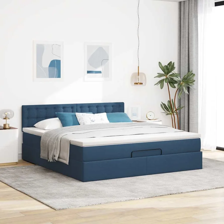 Cadre de lit ottoman avec matelas bleu 160x200 cm tissu - 3