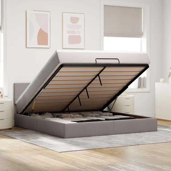 Cadre de lit ottoman avec matelas taupe 160x200 cm tissu