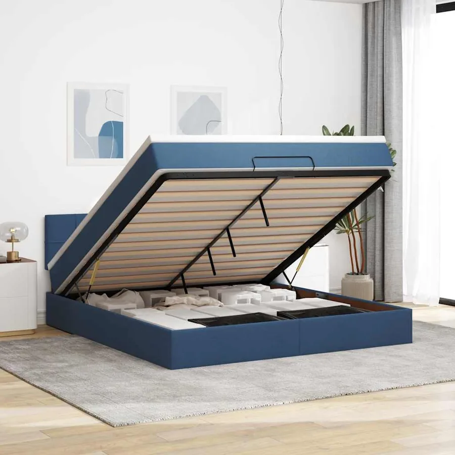 Cadre de lit ottoman avec matelas bleu 160x200 cm tissu
