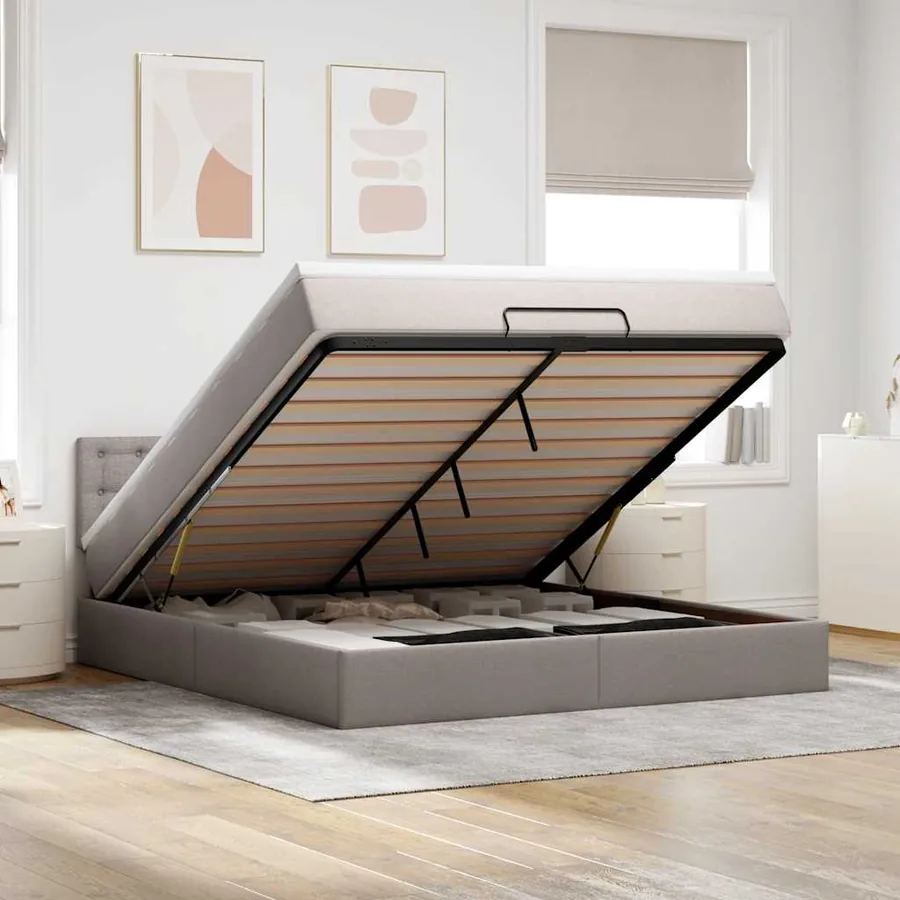 Cadre de lit ottoman avec matelas taupe 160x200 cm tissu
