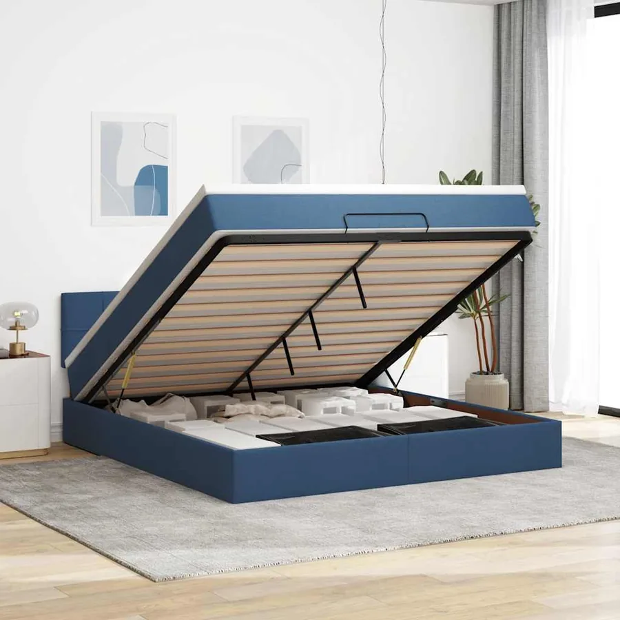 Cadre de lit ottoman avec matelas bleu 160x200 cm tissu