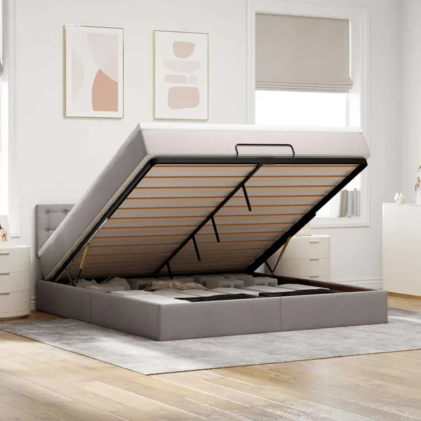 Cadre de lit ottoman avec matelas taupe 160x200 cm tissu