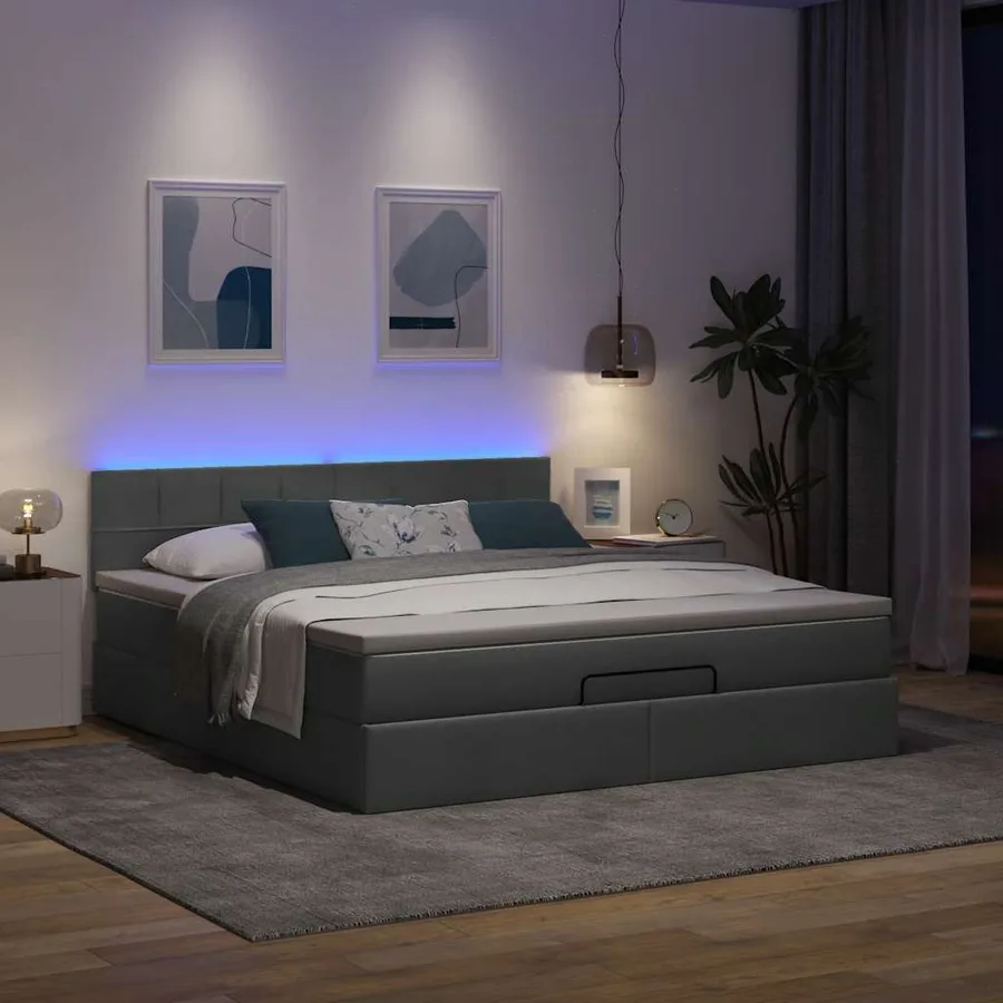 Lit ottoman avec matelas et LED Gris foncé 180x200 cm tissu - 3
