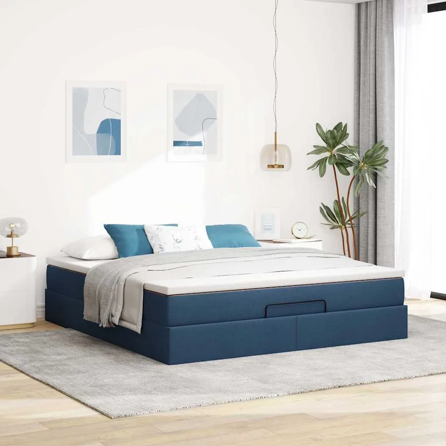 Cadre de lit ottoman avec matelas bleu 180x200 cm tissu - 3